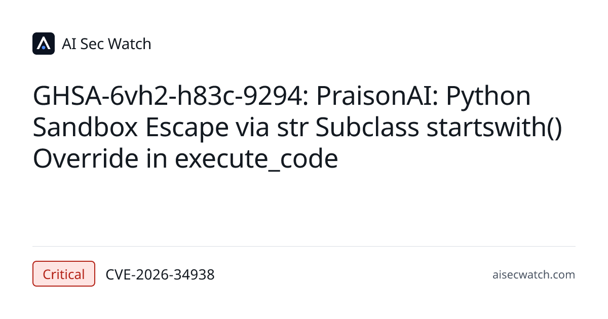 GHSA-6vh2-h83c-9294: PraisonAI: Python Sandbox Escape via str Subclass ...