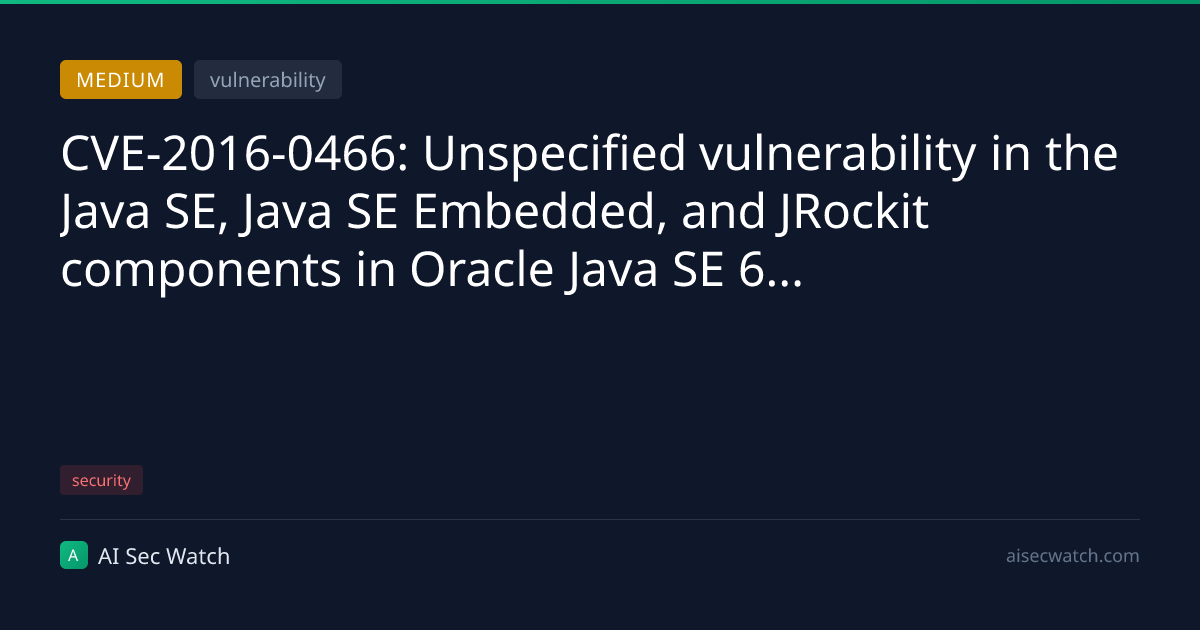 CVE-2016-0466: Unspecified vulnerability in the Java SE, Java SE ...